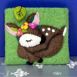 Wild Woolies Felted Wool Sleeping Fawn Leaf Zipper Pull Coin Purse